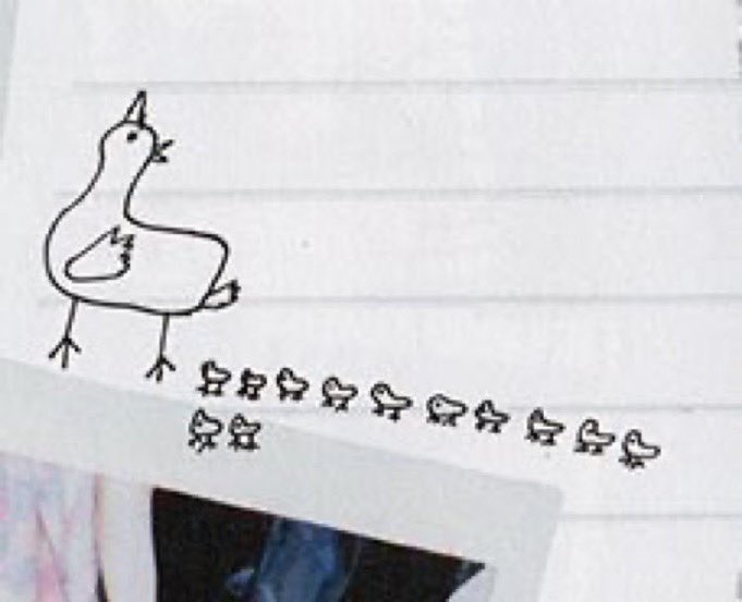 this reminds me of seungcheol who drew himself as the big duck and the rest of seventeen members as his baby ducklings