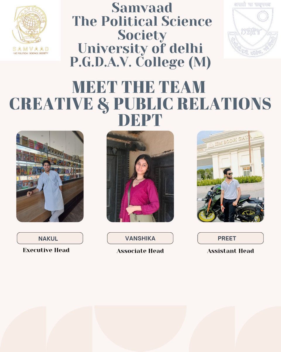 SAMVAAD_pgdav's tweet photo. Think it. Create it. Share it. 🌟
Say hello to our Creative &amp; PR Team for 2025–2026!
👑 Nakul – Executive Head
🌸 Vanshika – Associate Head
🔥 Preet – Assistant Head

The magic-makers of Samvaad – turning creativity into community! 🎭💫 https://t.co/Cyh2nXN1sx