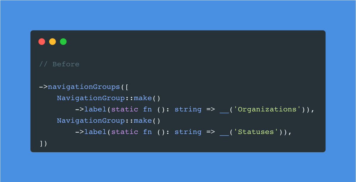 maartenpaauw's tweet image. I also like the UnitEnum support for navigation groups. Instead of manually defining the navigation groups within the service provider, it is now possible to just make an enum and pass that class string.
#filamentphp