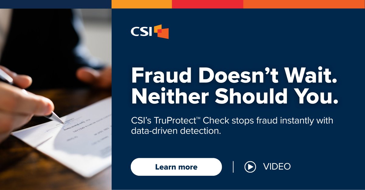 CSIsolutions's tweet image. Check fraud is up 600% since 2020. 🛑 CSI’s TruProtect™ Check stops it in real time with advanced image analysis, consortium comparisons & 30M+ check profiles.
Learn more bit.ly/45R6o4N
