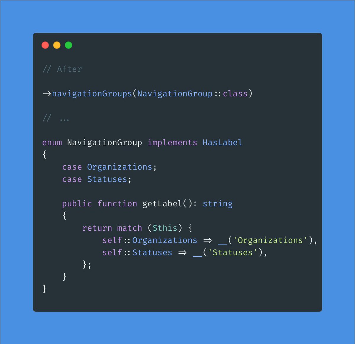 maartenpaauw's tweet image. I also like the UnitEnum support for navigation groups. Instead of manually defining the navigation groups within the service provider, it is now possible to just make an enum and pass that class string.
#filamentphp