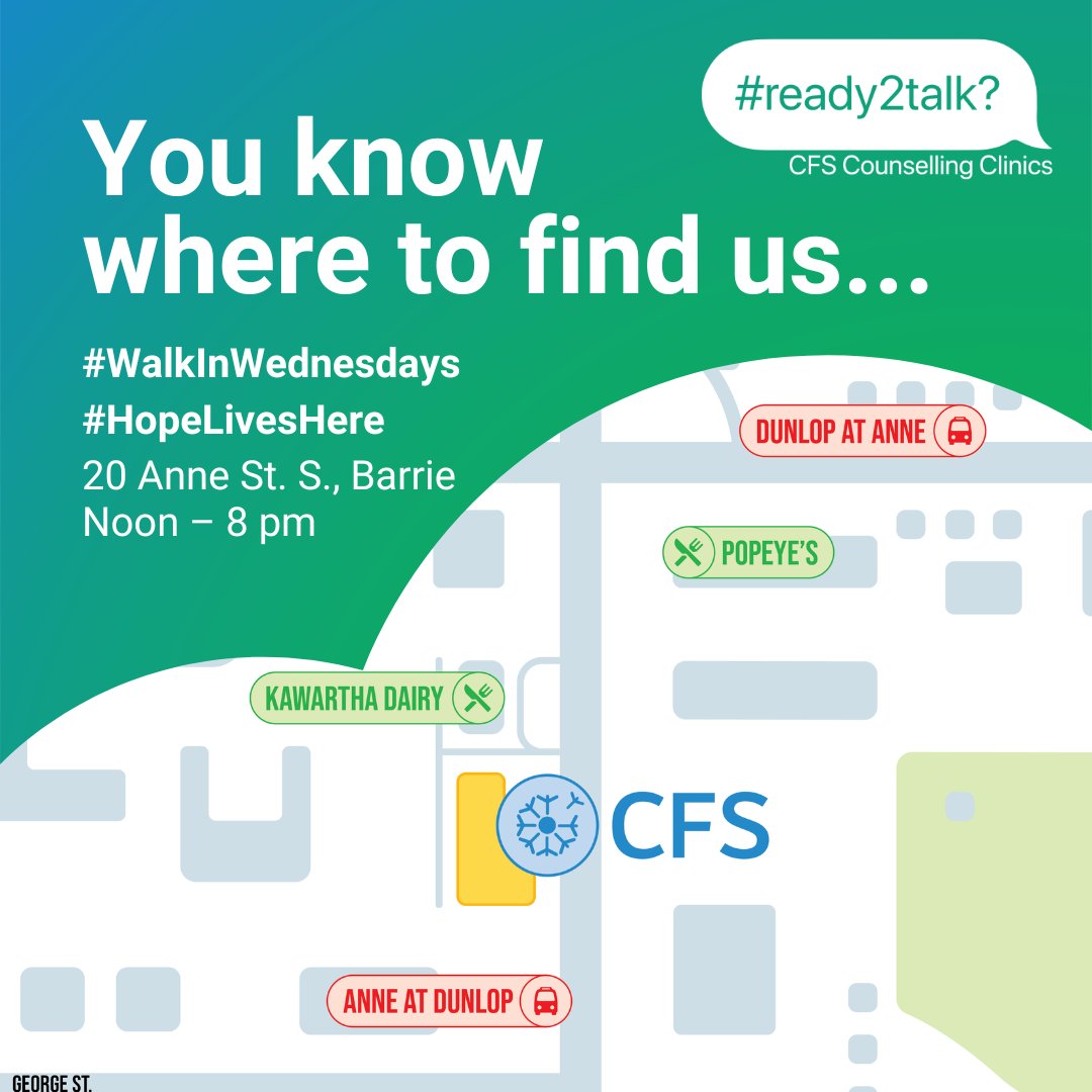 Heading to our Barrie office by transit? The bus stop is just out front. By car? We have free parking. Online? You can book a virtual session! Book your counselling session or drop in this afternoon for #WalkInWednesday. cfssc.ca  #HopeLivesHere #CFS