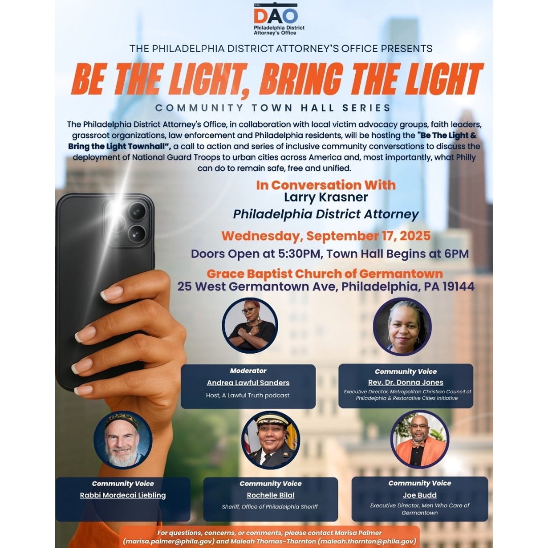 Sheriff Rochelle Bilal will speak at the 'Be The Light, Bring The Light' Community Town Hall Series presented by the <a href="/philadao/">Philadelphia DAO</a> on Wednesday, September 17, 2025 at 6:00pm. 

Join us at Grace Baptist Church of Germantown, 25 West Germantown Ave., Phila., PA 19144.