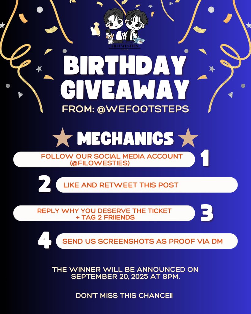 🎉 BIRTHDAY GIVEAWAY 🎉 

This year, the spotlight’s on YOU — whether you’re a Westie or a Lykyou, the party doors are wide open. 🥳✨️ 

📌 Follow the mechanics in the photo to join. 

⏰ Winner revealed on September 20, 2025 at 8:00 PM. 

#WESTIE
#LYKN
#LYKNTOURxMANILA