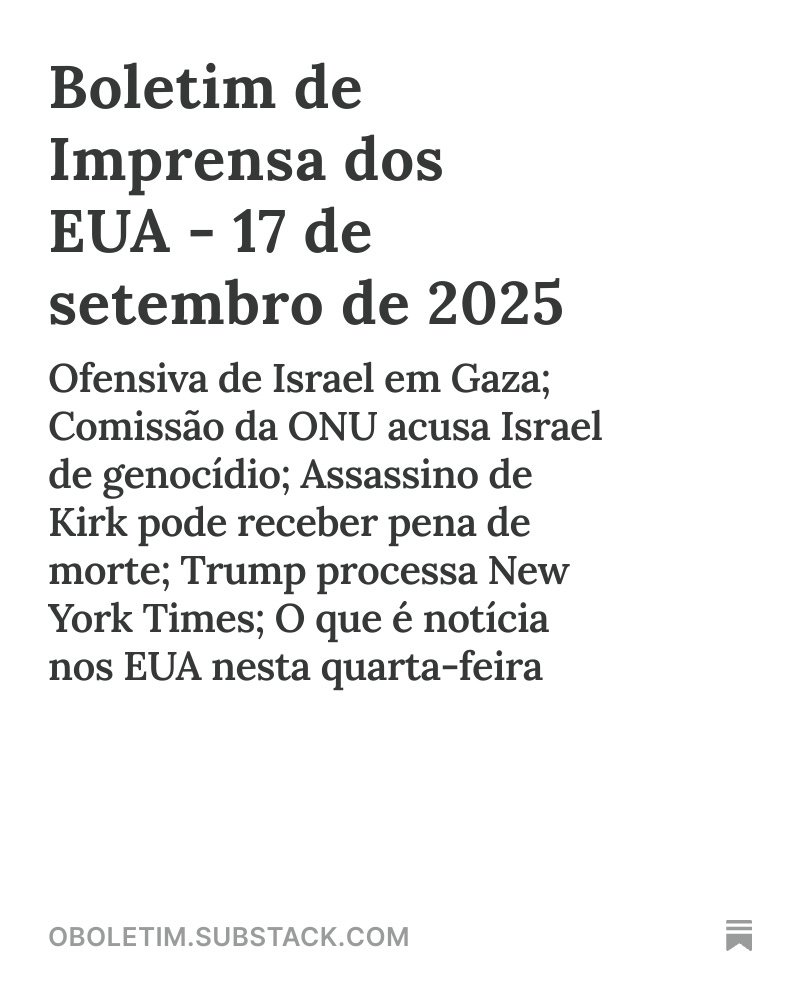 Está no ar O Boletim de hoje! 

Em pauta: ofensiva de Israel em Gaza, comissão da ONU acusa Israel de genocídio, pena de morte para assassino de Charlie Kirk, Trump processa NYT, e mais!

Assine a newsletter para receber o boletim todos os dias no seu inbox.