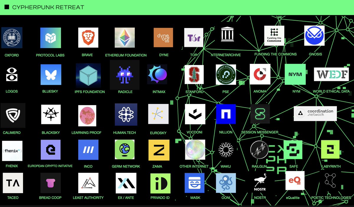 web3privacy's tweet image. Cypherpunk Retreat will gather people from many important free internet organisations

@torproject 
@brave 
@internetarchive 
@ethereumfndn 
@bluesky 
@IPFS 
@Stanford 
@FundingCommons 
@DyneOrg 
@nym 
@anoma 
@gnosisdao 
@radicle 
@Logos_network 
@PrivacyEthereum 
@WEDF_forum…