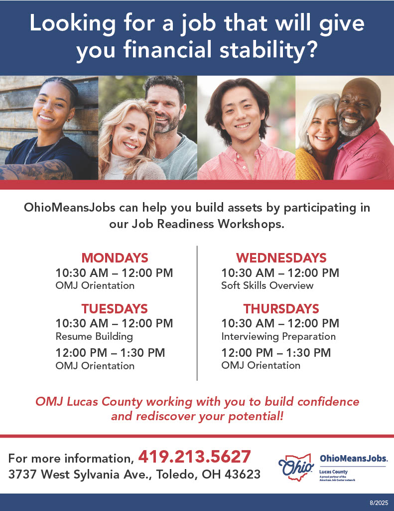 OMJLucasCounty's tweet image. Ready to level up your career?

Join FREE Job Readiness Workshops at OhioMeansJobs Lucas County! Get help with resumes, interviews &amp;amp; more.

📍 3737 W. Sylvania Ave., Toledo
📞 (419) 213-5627
#OMJLucasCounty #JobReady #CareerHelp #ToledoJobs #WorkforceDevelopment
