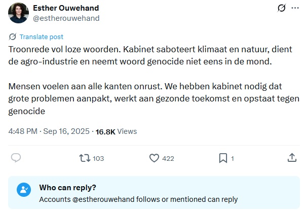 bart_mudde's tweet image. Hare hoogheid @estherouwehand is niet gediend van repliek, en ik behoor niet tot de uitverkorenen die haar mogen aanspreken, helaas.
Is er iemand die haar kan informeren dat Prinsjesdag over NL gaat, en dat er in NL geen genocide plaatsvindt?