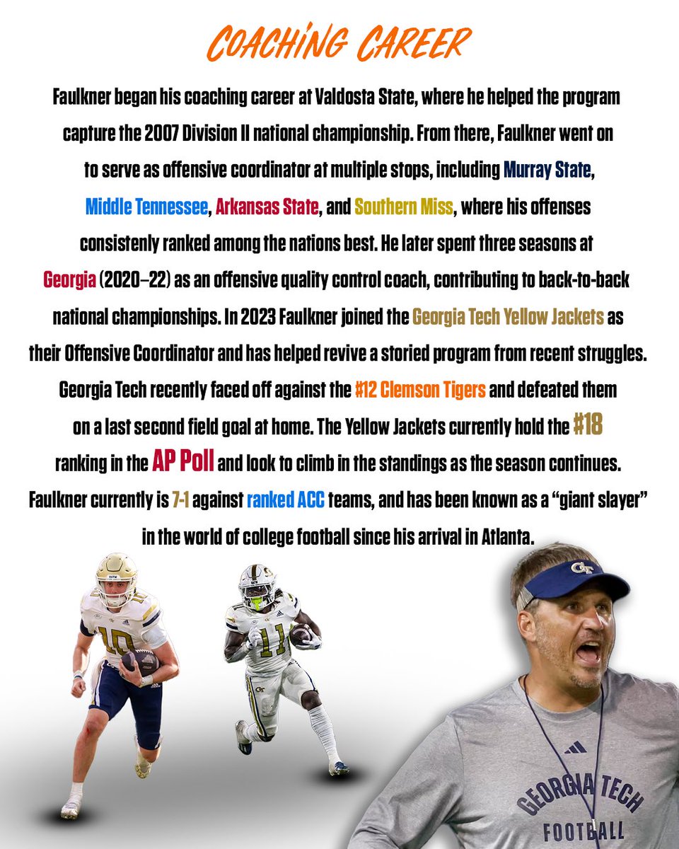 Alumni Spotlight: 𝐁𝐮𝐬𝐭𝐞𝐫 𝐅𝐚𝐮𝐥𝐤𝐧𝐞𝐫
Offensive Coordinator for Georgia Tech
Former Parkview Panthers QB