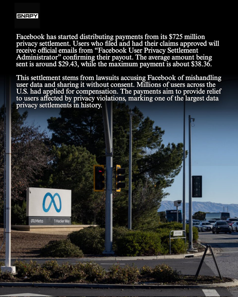 SNAPYTimes's tweet photo. Facebook privacy settlement highlights the growing accountability of tech giants. While payouts like $29–$38 may seem small, they send a strong message about user data protection and legal responsibility.

#FacebookSettlement #PrivacyMatters #UserData #DigitalRights https://t.co/XnIUSnfC0G