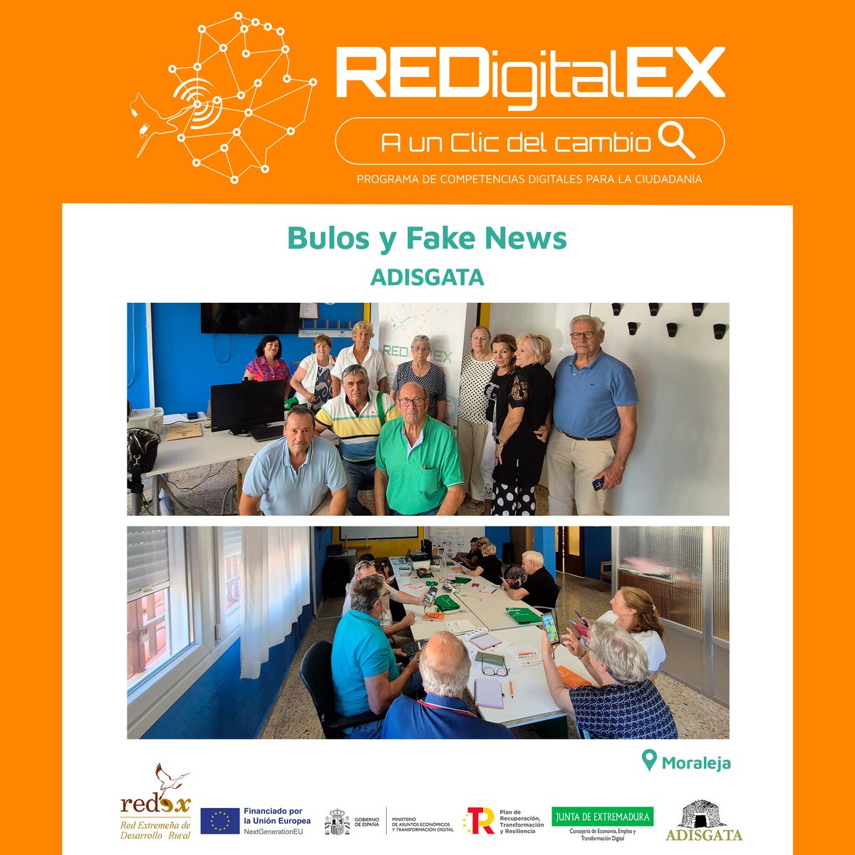 🙌 ¡Seguimos avanzando en competencias digitales!

📰 Lucas Asensio, formador de Adisgata, viajó a Moraleja para trabajar con los participantes cómo identificar noticias falsas en internet y redes sociales.

🦾 Así, han mejorado su seguridad y criterio en la difusión de noticias.