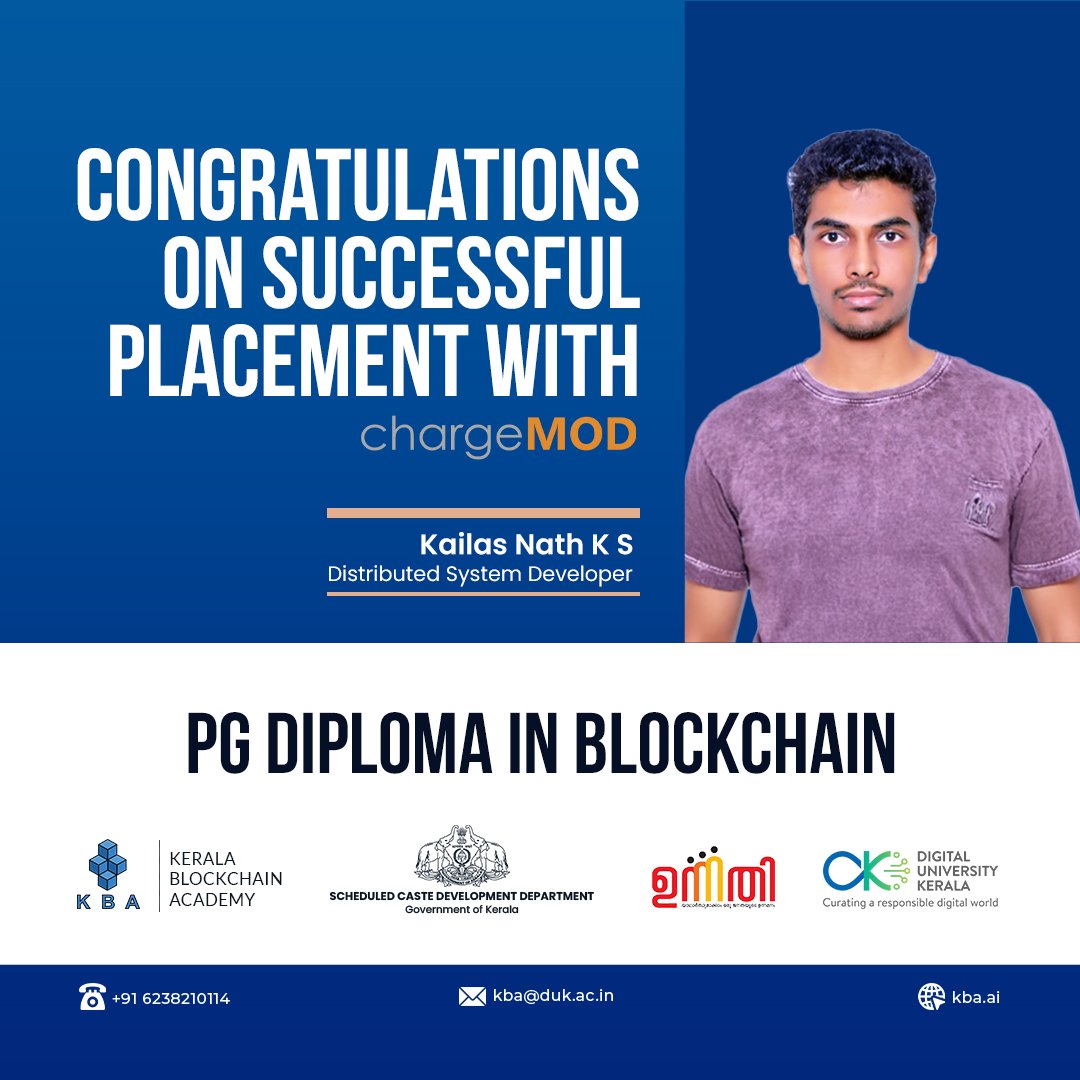 kbaiiitmk's tweet image. 🎉 Happily Placed! Congratulations Kailas Nath K S, our PG Diploma in Blockchain graduate, for his role as a Distributed System Developer at ChargeMOD. Wish you the very best! 👏
#SoftwareDeveloper #CareerGrowth #TechJobs #KeralaBlockchainAcademy #engineer #Blockchain #Developer