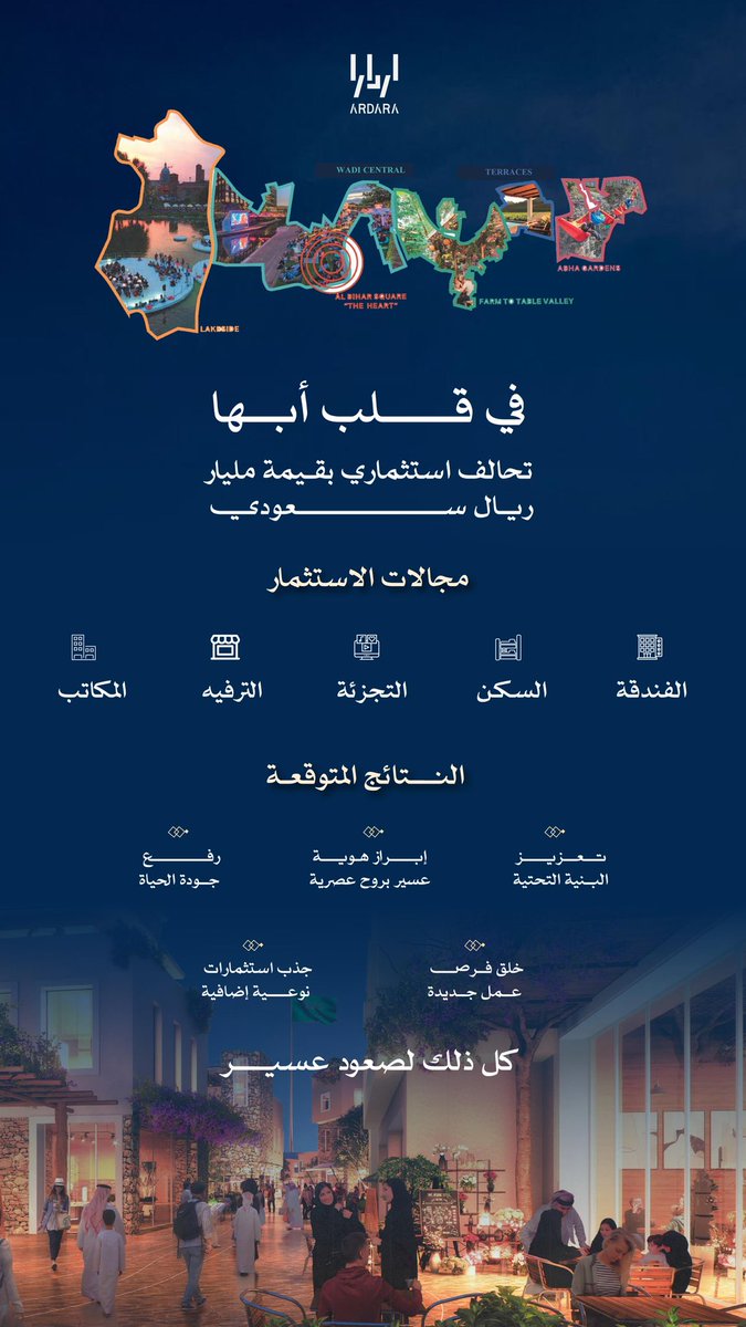 A nighttime cityscape of Abha with illuminated buildings and people walking. A colorful map of the Asir Region is at the top. Arabic text overlays include "مليار ريال في قلب أبها" and "صعود عسير".