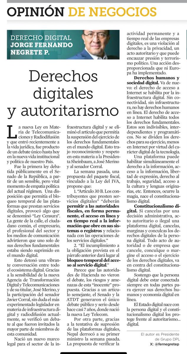 "Autoritarismo Y Derechos digitales" <a href="/Reforma/">REFORMA</a> <a href="/reformanegocios/">NEGOCIOS</a>
Un artículo del paquete fiscal rescató el espiritu de la #leycensura:
1. "Artículo 30 B. Los contribuyentes que presten servicios digitales" "deberán permitir a las autoridades fiscales, en forma permanente, el acceso