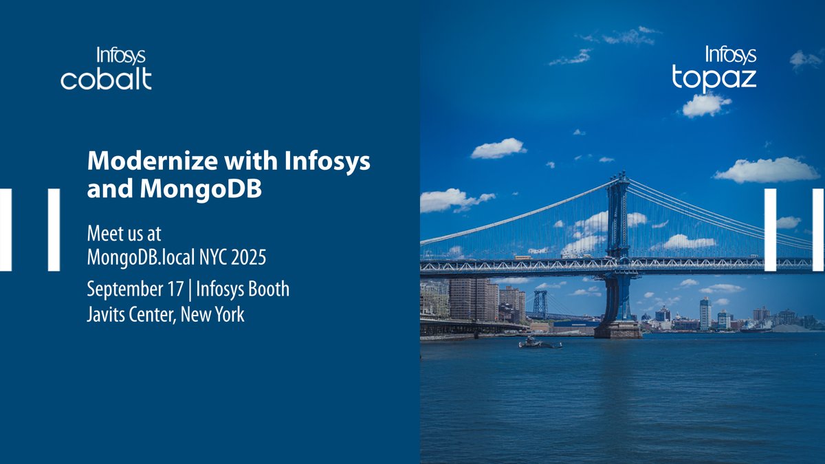 InfosysEvents's tweet image. MongoDB.local NYC 2025 is here, and we are excited to meet you! Visit Infosys booth to explore our Infosys Live Enterprise Application Development Platform, powered by AI, shaping the future of legacy modernization. Hurry! Register here: infy.com/3Kb3fUZ

#InfosysCobalt…