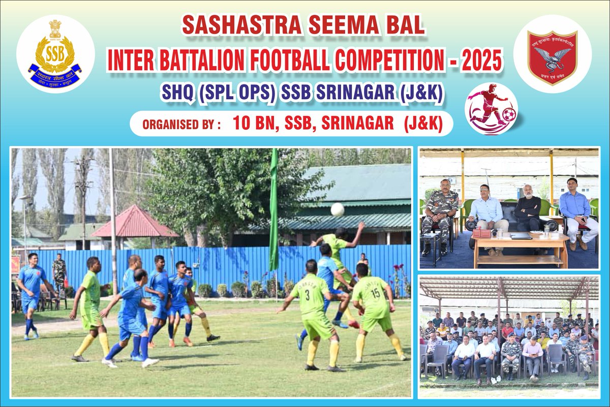10BnSSB_INDIA's tweet image. @10BnSSB_INDIA #Srinagar द्वारा आयोजित दो दिवसीय अंतर-वाहिनी #football प्रतियोगिता का उत्साहपूर्ण समापन हुआ, जिसमें टीमों ने अनुकरणीय खेल-कौशल और सच्ची खेलभावना का प्रदर्शन किया। विजेता टीम को ट्रॉफी तथा सभी प्रतिभागियों को प्रमाण-पत्र प्रदान कर सम्मानित किया गया ।#CAPFUnity #SSB