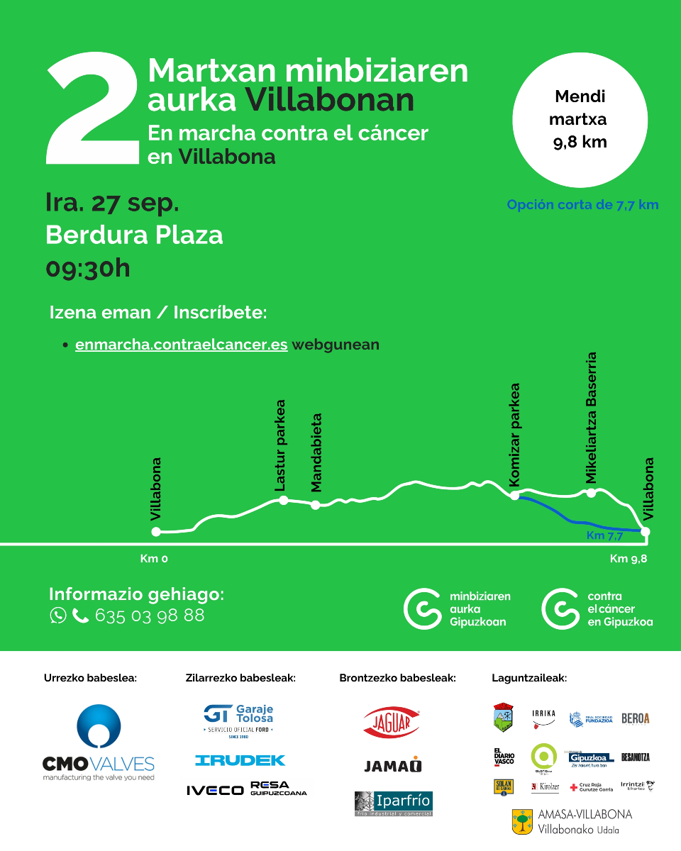 Minbiziaren Aurkako II. Mendi Martxa Amasa-Villabonan!
Irailaren 27an, 9:30etan hasiko da Berdura plazatik eta 7,7 edo 9,8km-ko ibilbideak egin daitezte gure mendietan zehar.
✍️Izen ematea: enmarcha.contraelcancer.es/eu/ekitaldia/m…
Animatu, zatoz, eta parte hartu!
#MinbiziarenAurka #AmasaVillabona
