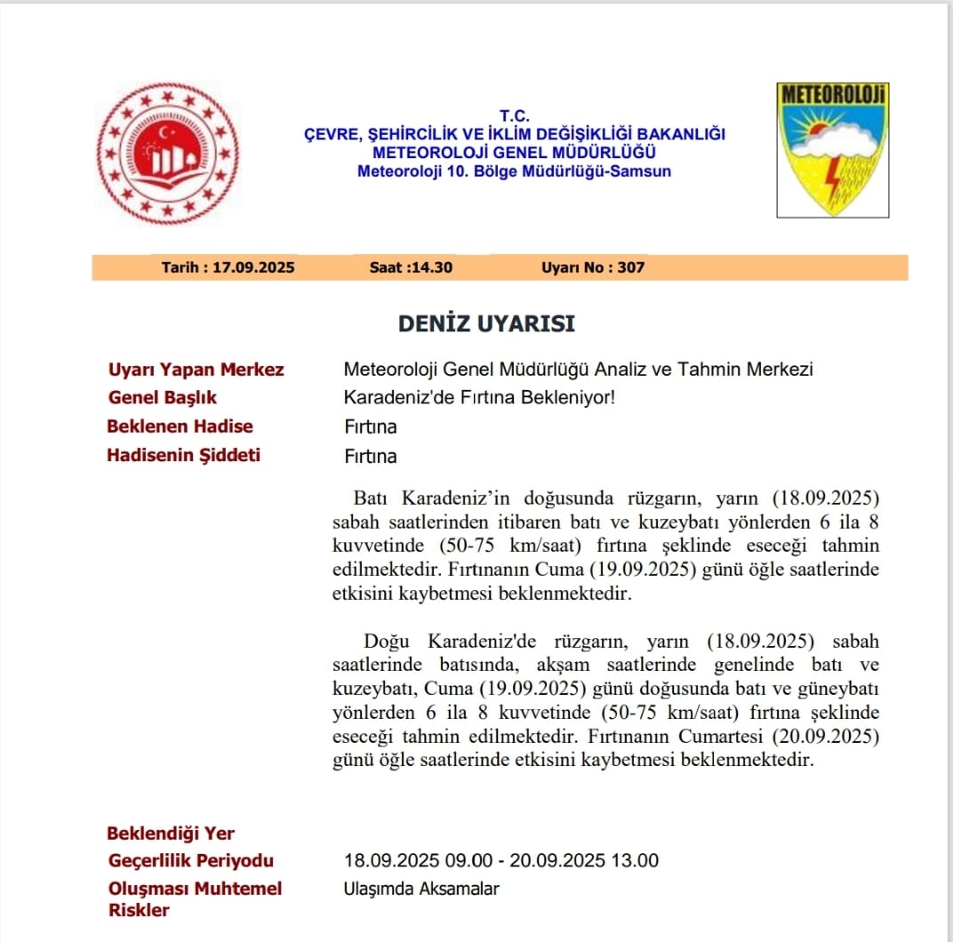 🚨 #Karadeniz'de Fırtına Bekleniyor!💨 🌊⛴️

🗓️ Geçerlilik Periyodu :
18.09.2025 09.00-20.09.2025 13.00

#Samsun