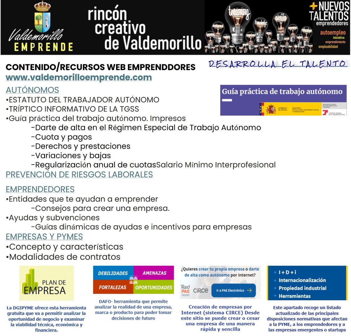Autónomos, PYMES y emprendedores¡ El #Ayuntamiento os facilita los recursos para
impulsar la iniciativa y empleabilidad con valdemorilloemprende.com. Entre otras herramientas gratuitas, incluye el Plan de Empresa y enlace con el sistema CIRCE 👇 
aytovaldemorillo.com/el-ayuntamient…