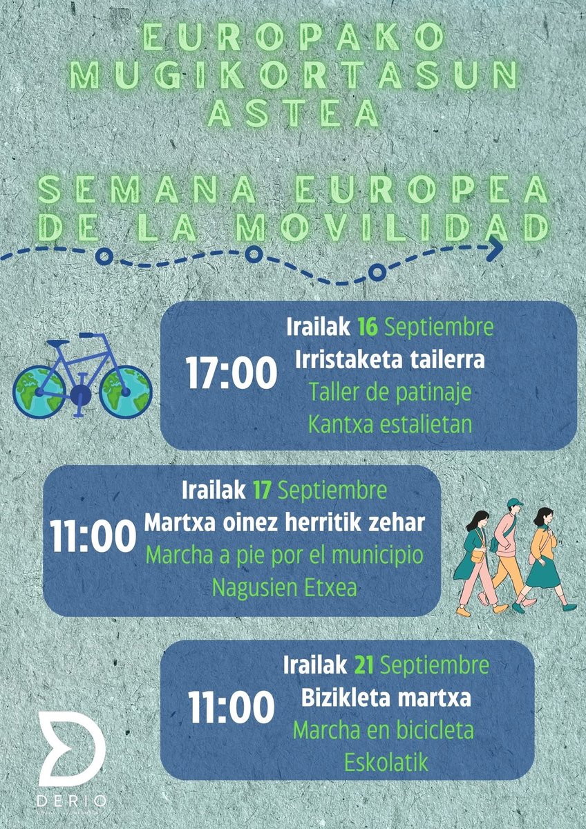🚲🛼🚶Europako Mugikortasun Astean gaude! Atzo irristaketa tailerra izan genuen eta gaur, gure nagusiekin, martxan izan dugu herritik zehar. Igandean, eguraldia lagun badugu, bizikleta martxa egingo dugu, Eskolatik hasita (11:00). ANIMATU ZAITEZ! 

💚 #DerioZurekinAurrera