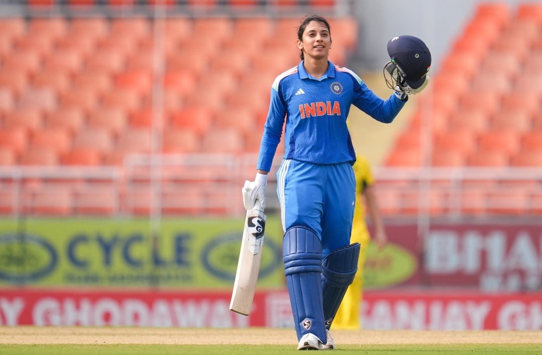 Fastest Century by Indian in Women's ODIs

[Balls Faced]

70 : Smriti Mandhana vs 🇮🇪, 2025
𝟳𝟳* : Smriti Mandhana vs 🇦🇺, TODAY**
82 : Harmanpreet Kaur vs 🏴󠁧󠁢󠁥󠁮󠁧󠁿, 2025
87 : Harmanpreet Kaur vs 🇿🇦, 2024
89 : Jemimah Rodrigues vs 🇿🇦, 2025

(Stat:<a href="/TheStatsKid1523/">The Stats Kid</a>)
#INDWvAUSW #INDWvsAUSW