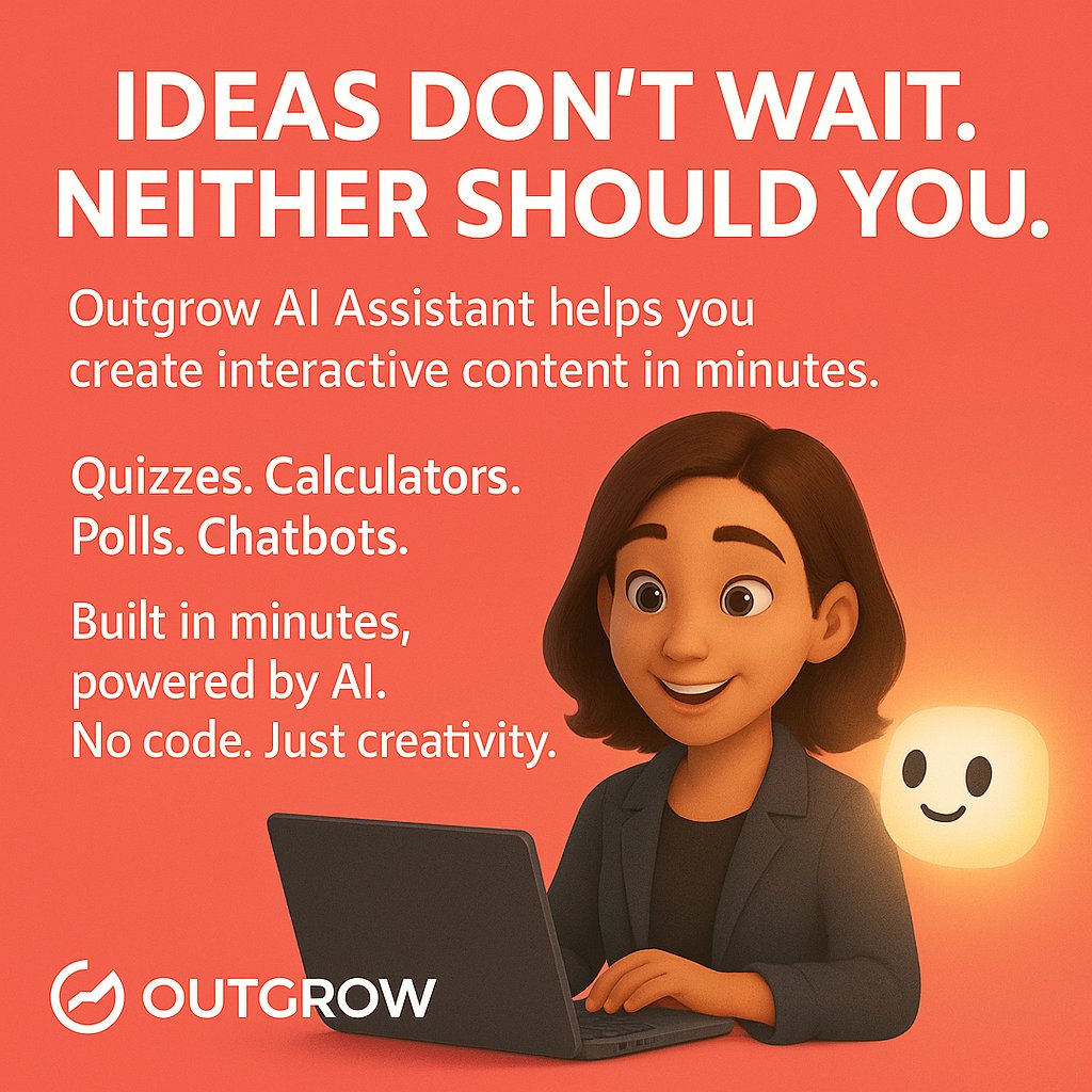 OutgrowCo's tweet image. 🚀 Ideas Don’t Wait. Neither Should You.
Create quizzes, calculators, polls, and chatbots in minutes using Outgrow’s smart AI assistant.
No coding needed. Pure creativity. Real-time results.
✨ Start Building Today! Link in comments.
#Outgrow #InteractiveContent…