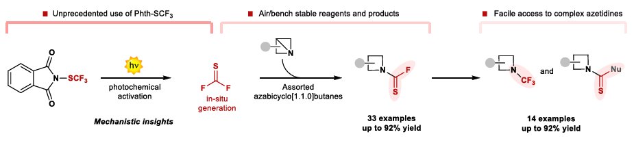 DellAmico_group's tweet image. New school year, New paper ! Check out our last preprint in @ChemRxiv on the photochemical generation of Thiocarbonyl difluoride (TCF) for Azetidine synthesis. shorturl.at/m5Wjc