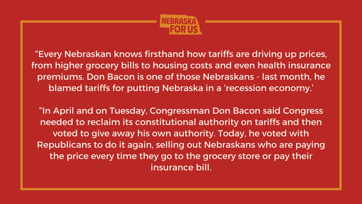 NebraskaForUs's tweet image. A statement from State Director Angie Lauritsen as Congressman Don Bacon once again votes to allow tariffs to continue. #DefendingTheGoodLife #NE02
