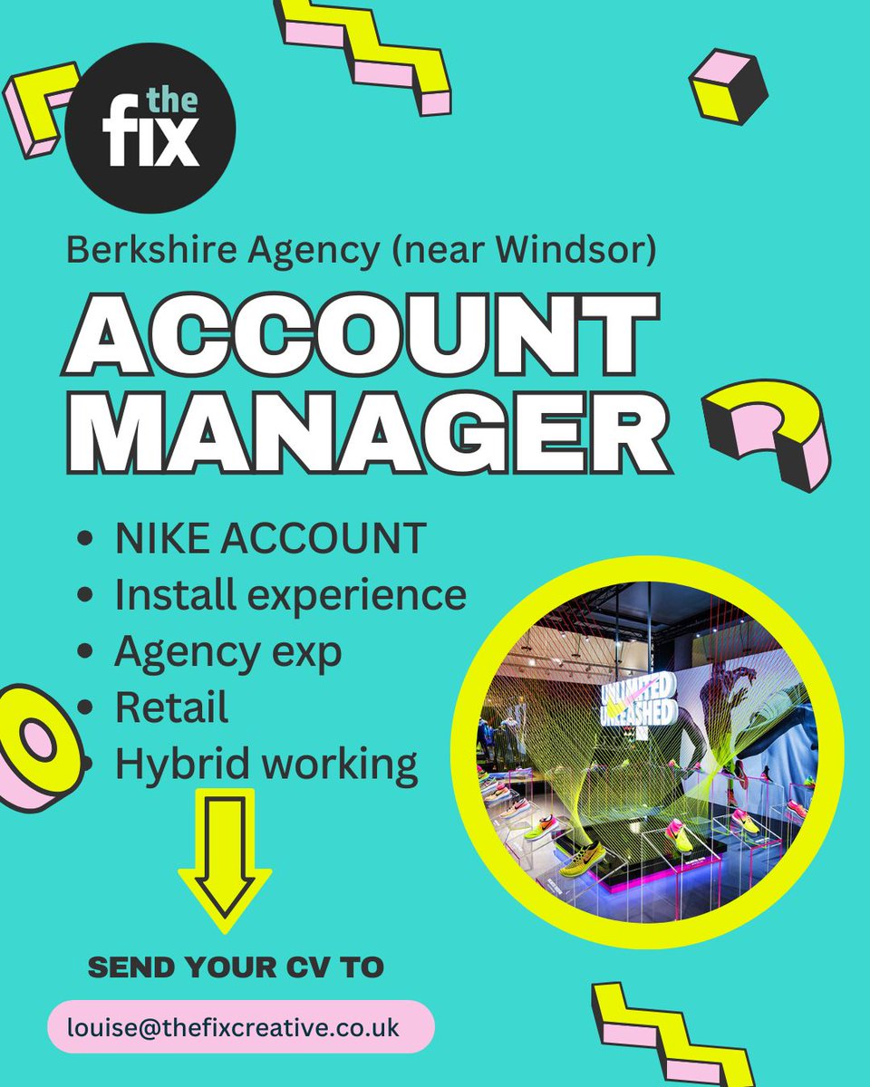 TheFixCreative's tweet image. NEW JOB!
#accountmanager needed to work for agency based in #Berkshire (near Windsor).

Email louise@thefixcreative.co.uk