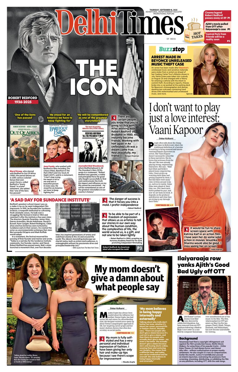 DelhiTimesTweet's tweet image. Today's P1: From #MerylStreep to #JaneFonda, tributes poured in for #RobertRedford, who passed away at 89. @Vaaniofficial says she doesn’t want to play just a love interest.

#DelhiTimes  #MasabaGupta #NeenaGupta #Bollywood 

Read: bit.ly/3r0dVfE