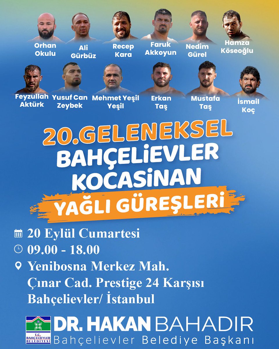 🏆🌟 20. Geleneksel Bahçelievler Kocasinan Yağlı Güreşleri Başlıyor! 🌟🏆

Bahçelievler’de pehlivanlar, bu yıl 20. kez kol bağlamak için bir araya geliyor.
Yağlı güreşin heyecanını ve geleneğini yaşamak isteyen herkesi, bu özel etkinliğe davet ediyoruz.

🗓️ Tarih: 20 Eylül