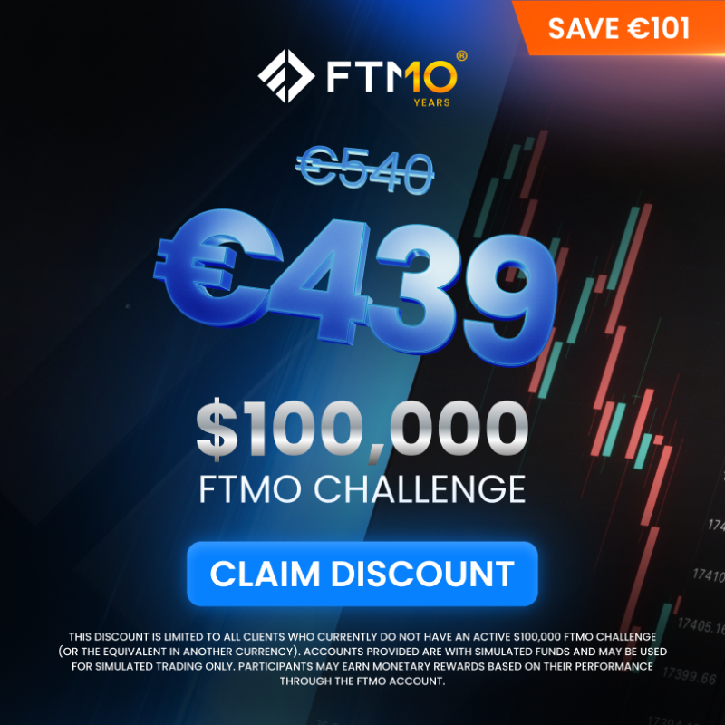 FTMO_com's tweet photo. Celebrate 10 years of FTMO with a special deal: 19% off $100,000 FTMO Challenge. Claim your discount now!