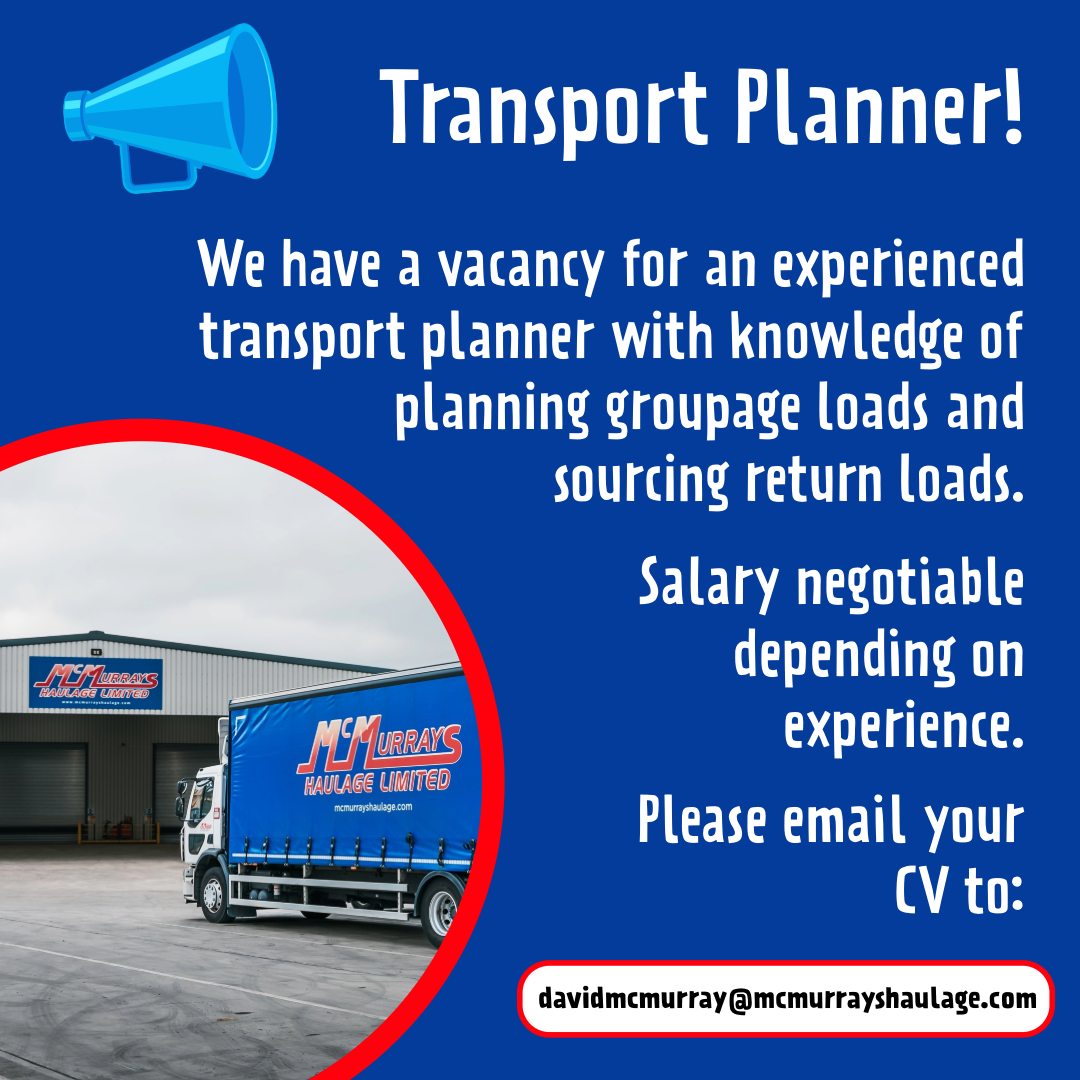 🚨 We have an exciting vacancy for an experienced Transport Planner! 

Please email CVs to ⬇️

davidmcmurray@mcmurrayshaulage.com

#transportjobs #transportplanner #haulage #roadhaulage