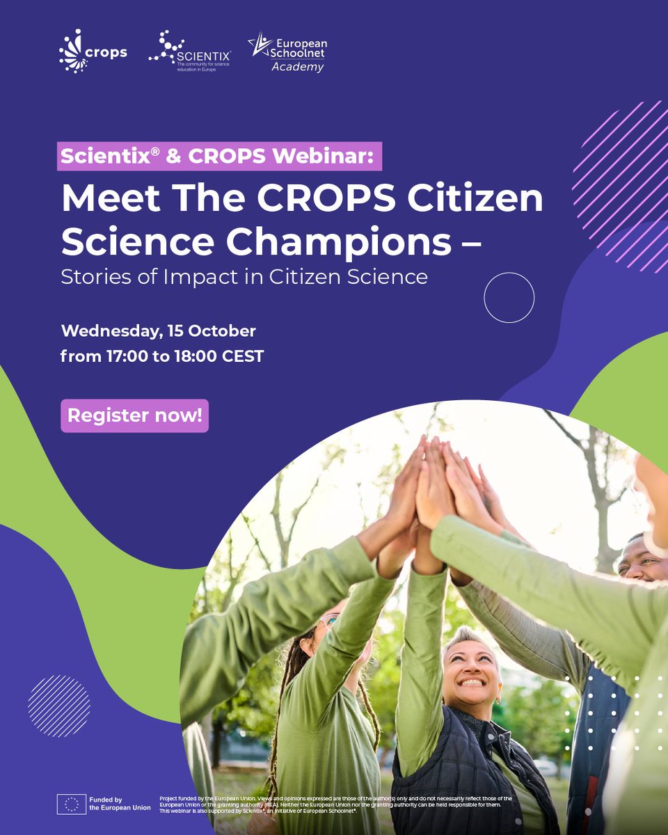 Who is driving citizen science across Europe? 🌍
From soil biodiversity to ocean data and traffic monitoring, meet the champions turning citizen science into real stories of impact!
📅15 Oct 
Hosted by <a href="/scientix_eu/">Scientix</a> &amp; @CROPS_cs, part of the #cropscsMOOC
🔗bit.ly/CROPScs-Web