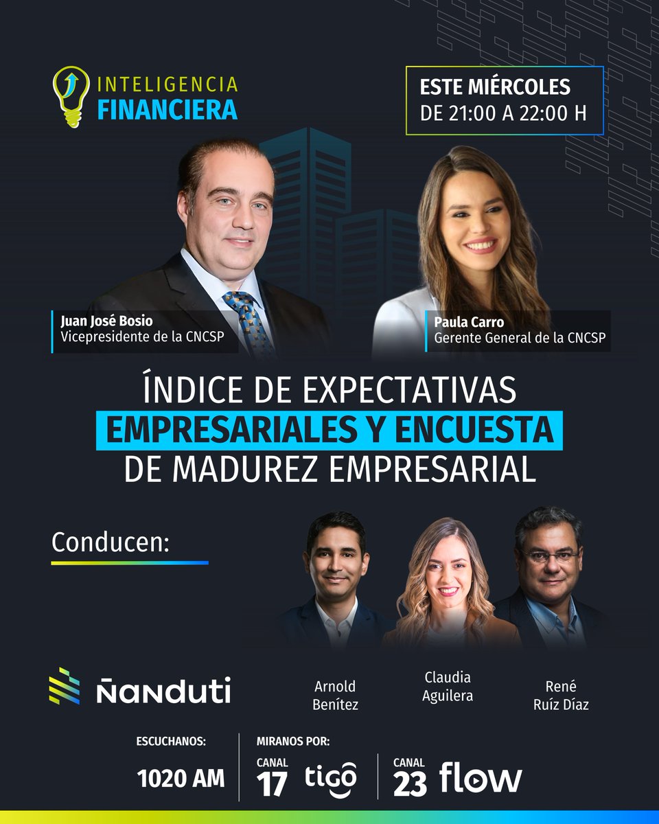 Hoy en #InteligenciaFinanciera 💡

🤩Nos visitarán la gerente general de la CNCSP, Paula Carro y el vicepresidente de la CNCSP, Juan José Bosio. 

➡️A partir de las 21:00 horas te acompañan #ClaudiaAguilera, <a href="/arnoldbenitez_/">Arnold Benítez Riveros</a> y  <a href="/reneruizdiaz/">René Ruíz Díaz</a>

🧐¿Te lo pensás perder?

#Ñanduti