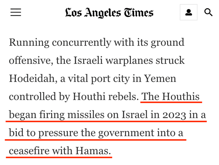 HonestReporting's tweet photo. Really, @latimes?
The Houthis didn’t start firing special "ceasefire" missiles at Israel after Oct. 7.
They fired the regular kind — to kill civilians.
And they haven’t stopped. Week after week. The goal isn’t peace. It’s murder. https://t.co/Ln4OVpORVs