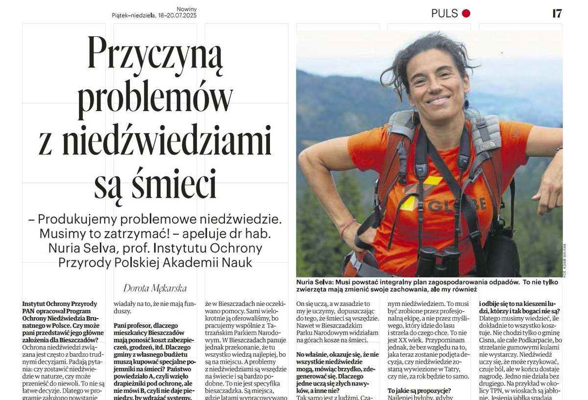 Did you know that rubbish is the main cause of conflict between humans and bears? 🐻

In an interview with journalist Dorota Mękarska, Dr Nuria Selva from our Institute discusses how waste management affects the lives of bears.

iop.krakow.pl/files/44/wywia…

Highly recommended! 🐾