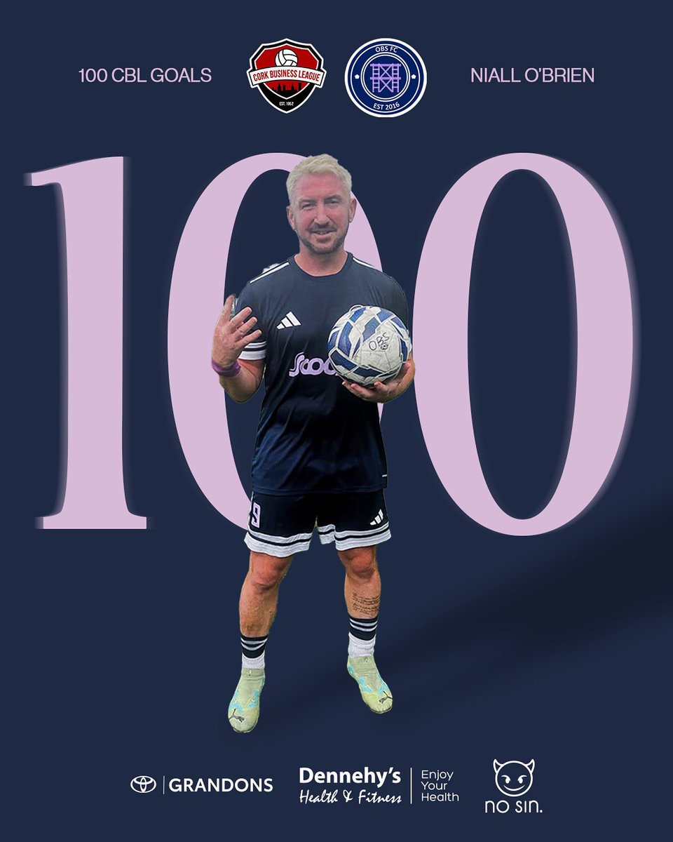 100 Goals Club 

Congratulations to O’Brien Scaffolding striker Niall O’Brien who recently scored his 100th CBL goal. 

Flying for his club this season again propelling OBS to the top of the division and in touching distance of their first trophy. 

Well done Niall 👏