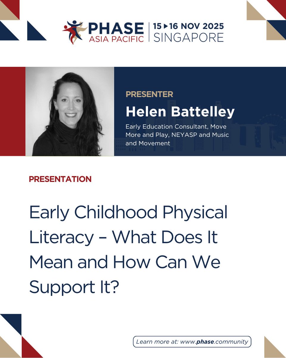 Welcome Helen Battelley <a href="/HBattelley/">Helen Battelley</a>, to #PHASEAP25!
Learn more about their session "Early Childhood Physical Literacy – What Does It Mean and How Can We Support It?" — zurl.co/Imd1q
👣 Purposeful play builds movement in early learners

#EarlyYears #PhysicalLiteracy