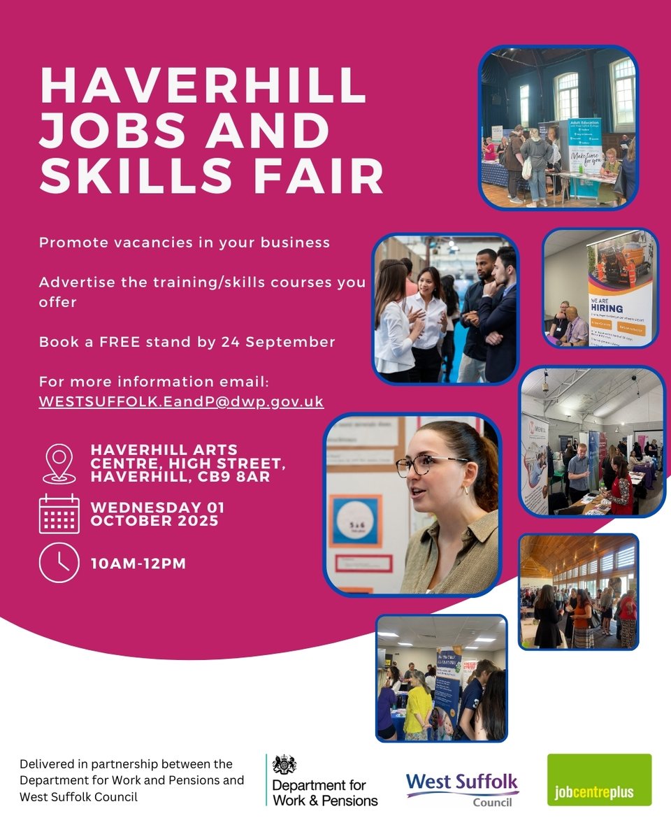 Are you an employer in West Suffolk?

Come along to the Haverhill Jobs and Skills Fair on 1 October at the Haverhill Arts Centre, 10am–12pm.

Meet jobseekers &amp; connect with top training providers to strengthen your team’s skills.

#westsflkgrowth