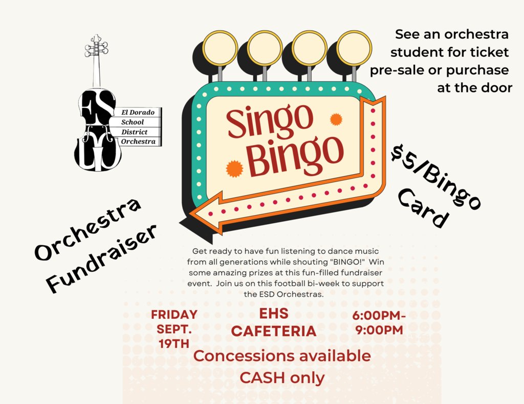 Singo Bingo Orchestra Fundraiser 🎶

Come out on Friday, Sept. 19th, from 6–9 PM in the EHS Cafeteria for a fun-filled evening of musical bingo to support the ESD Orchestras. Check out the flyer below for more details!