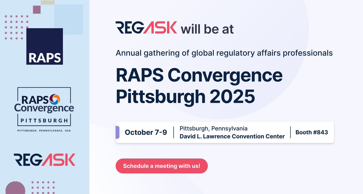 ASKRegASK's tweet photo. 🌟 RegASK is sponsoring RAPS Convergence 2025!
📍 Booth #843 | Oct 7–9, Pittsburgh

Meet Deanna Coscia, Bryan Federici &amp; Kelli Madden, and explore how AI-driven regulatory intelligence empowers smarter compliance.
https://t.co/QkJ7PXhkxb

#RAPSConvergence2025 #RegASK https://t.co/w16czeBBe7