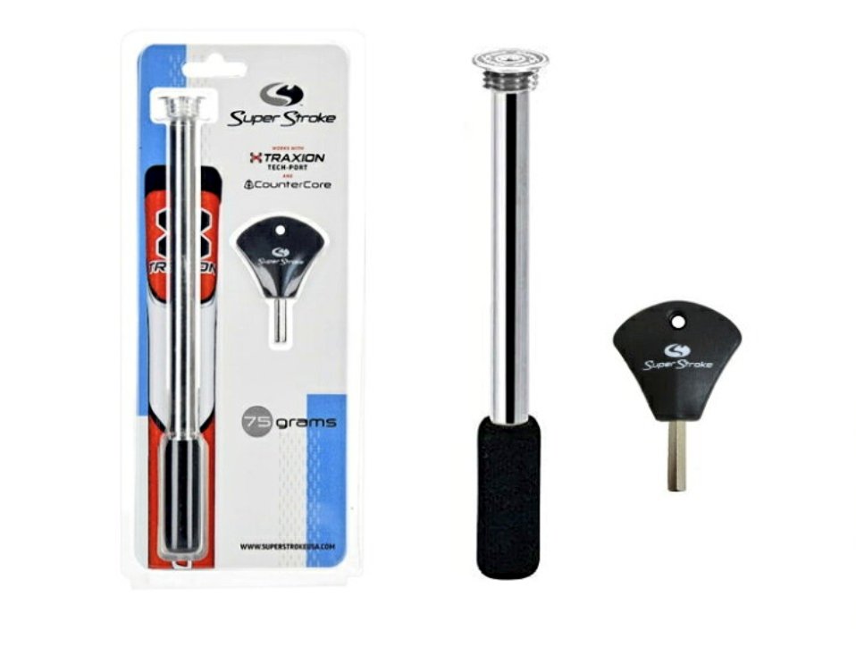 ToyRadi_Kan2016's tweet image. テーラーのレンチで取り外せるのですが…シャフトエンドにテープが巻いてあるので、替えのウエイトを挿すにはテープを破らなきゃいけませんね🤔まぁ無理にウエイト交換しなくても鉛テープで良いのだけどね…#スーパーストローク #SuperStroke カウンターコア用ウエイト 恐らく政田夢乃プロは使ってない