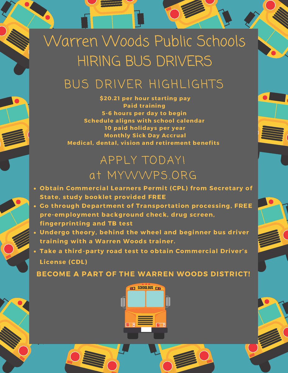 🚍 Join Our Team at Warren Woods Public Schools!
We’re looking for bus drivers who want to make a difference in the lives of students. 💙
Be part of a caring, supportive team that helps our kids get to school safely every day.
👉 Apply today: warrenwoods.schoolspring.com