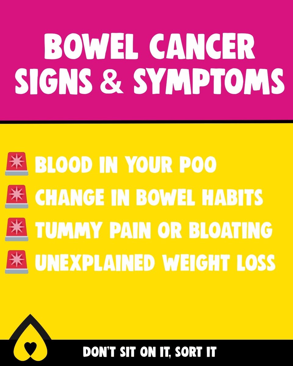 BowelCancerGSY's tweet image. Let’s talk symptoms.

Bowel cancer is treatable and beatable when caught early, and knowing the symptoms could save your life.

Speak to your GP. 💛

#DontSitOnItSortIt
