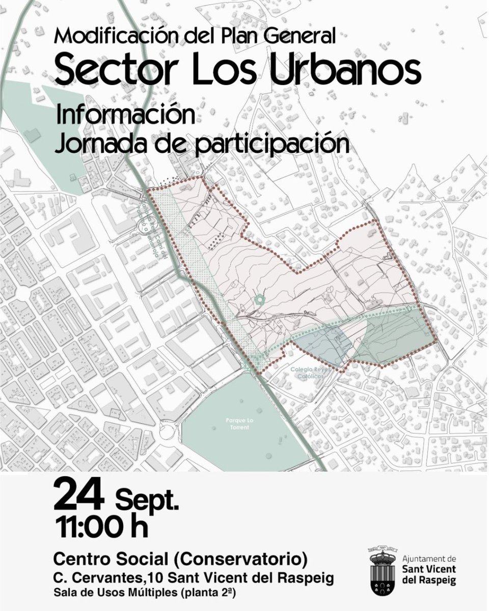 🔊 El 24 de septiembre, 11h
📍 Centro Social (C/ Cervantes)

🙌 Jornada informativa sobre el gran desarrollo urbanístico de Los Urbanos:
🏘️ +1.000 viviendas (40% protegidas)
🌳 Nuevos espacios verdes
📚 Dotaciones educativas