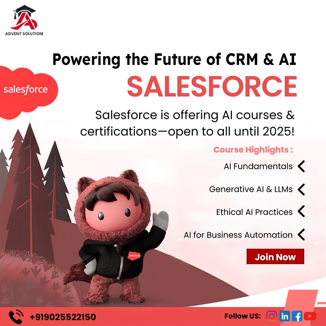 ads_advent's tweet image. 🌟 Powering the Future of CRM &amp;amp; AI with Salesforce! 🌟

📞 Call/WhatsApp: +919025522150

✨ Follow us for more career-boosting updates!

#AdventSolution #Salesforce #AI #GenerativeAI #CRM #CareerGrowth #FutureOfWork #AICertification #SalesforceTraining #DigitalTransformation