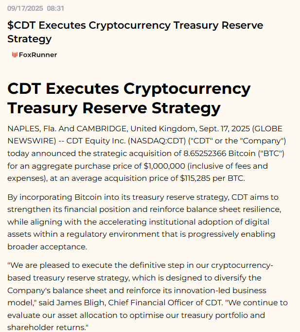 DekmarTrades's tweet photo. $CDT Executes Cryptocurrency Treasury Reserve Strategy https://t.co/gRkAaLKxKd