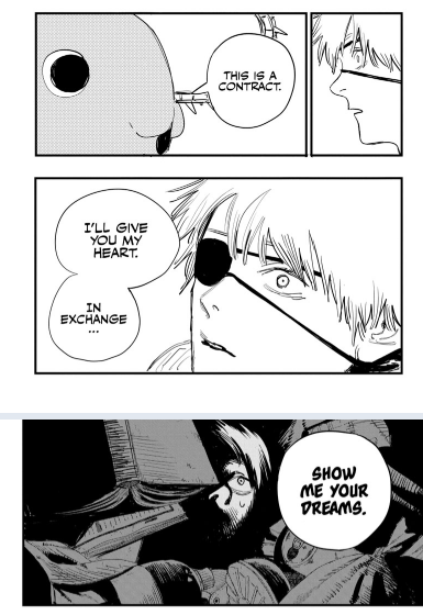 SpyGGhetti's tweet photo. I'm so tired of this take. Did y'all forget what makes Pochita appear? It isn't anger. He appears when Denji breaks the condition of his contract- to keep on seeking his dreams. He LOSES his will to live. If it was something as easy as anger Makima would have ended Part 1 early. https://t.co/mOJayWhxXh