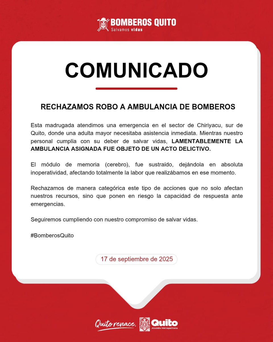 BomberosQuito's tweet photo. 📌 #COMUNICADO | Informamos a la ciudadanía que durante la atención de una emergencia en el sur de Quito, una de nuestras ambulancias fue afectada por un acto delictivo que la dejó fuera de servicio.

❌ Rechazamos estas acciones que ponen en riesgo la atención a la ciudadanía.

#BomberosQuito